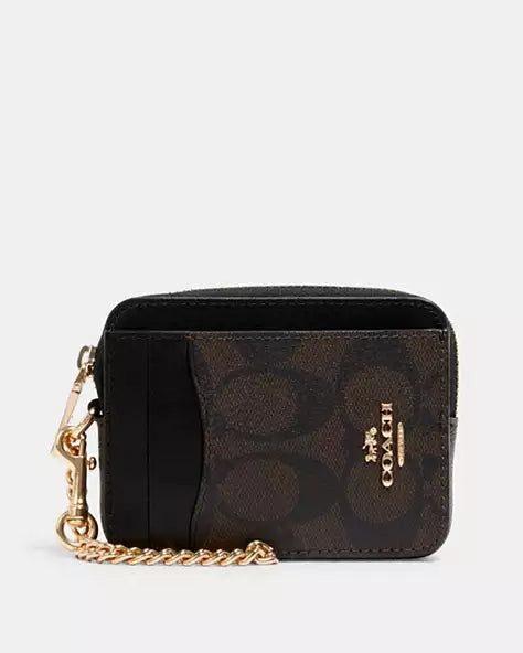 Coach- Zip Card Case In Signature Canvas in Gold/Brown/Black